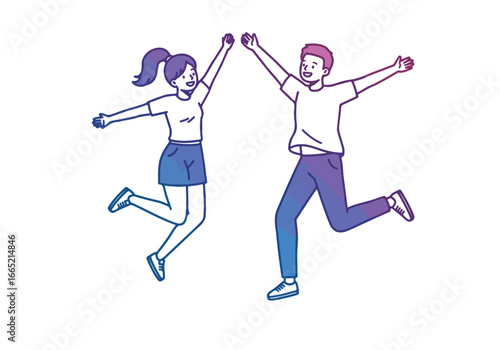 Jumping youthful couple, high-fiving, on a white background, for advertisement usage