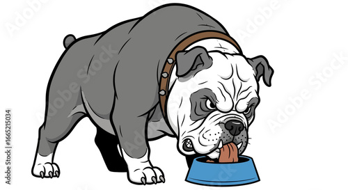 Digital artwork portraying a formidable gray bulldog with an assertive demeanor, focused intensely on its meal, eating from a blue pet bowl. Highlights strength and canine focus