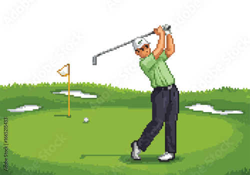 Pixel art of golfer teeing off on the green; flag in background