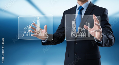 Businessman presenting oil rig and refinery icons for petroleum engineering. Energy Production, Oil & Gas Technology Concept.