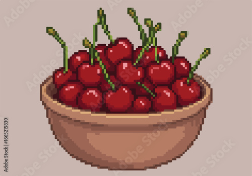 Cherries piled in bowl on plain background for website, apps or game development