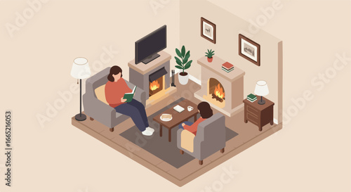 Isometric people reading by fireplace in living room with hot drinks and burning fire