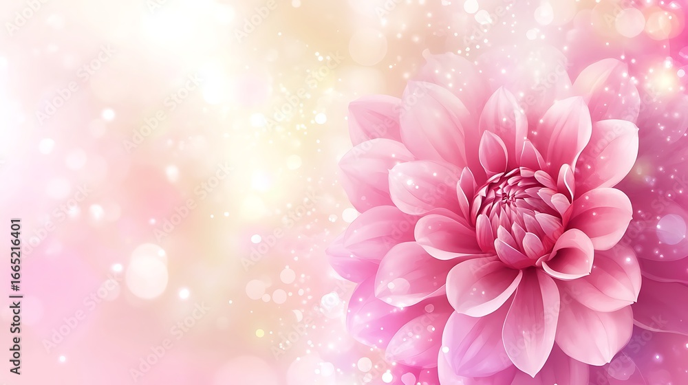 Obraz premium Beautiful pink dahlia flower with soft bokeh and sparkling particles on gradient background