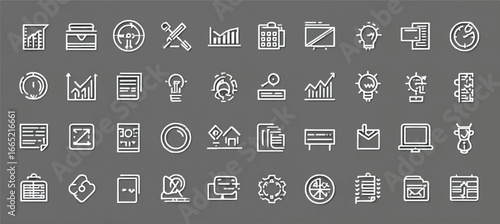Collection of vector icons representing business financial analysis and project management concepts for use in presentations and websites