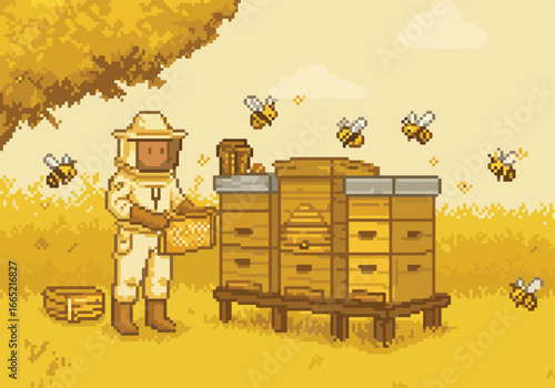 Beekeeper with pixel style is harvesting honey. Bees are flying in nature scene
