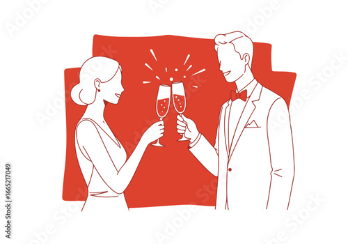 Couple in evening attire toasting flutes with celebration background use for events