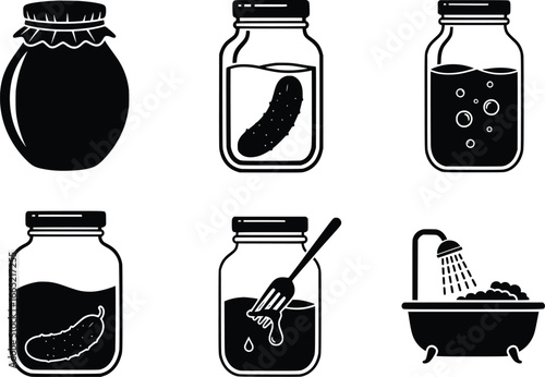 Collection of silhouette jar icons representing preserves drinks pickles and a bathtub scene