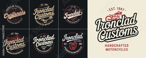 Vintage motorcycle custom garage emblem illustration, handcrafted bike engine logo for retro workshop branding, classic biker badge, t shirt design