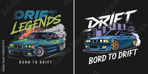 Retro drift car illustration with smoke and urban skyline, street racing inspired artwork for t shirt design and automotive culture