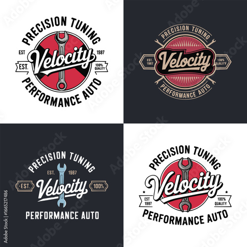 Velocity auto performance tuning emblem illustration, vintage mechanic wrench badge logo for garage workshop branding, retro automotive t shirt design