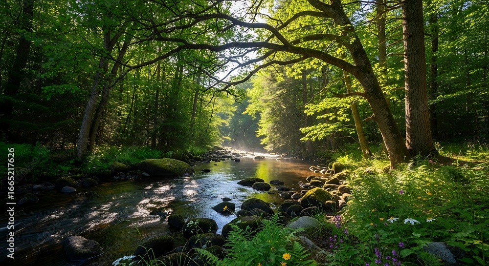 Obraz premium Sunlit Stream Flowing Through a Lush Green Forest.