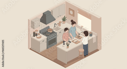Family making food art in kitchen. Stove, counter & cabinets in background. Use Food blog