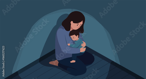 Worried mother hugging child in a shelter. Tent background. Social Issue use