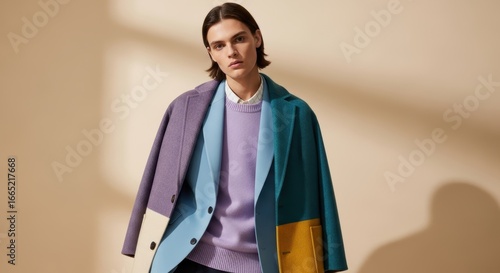 Young caucasian male in stylish color-block jacket with neutral background