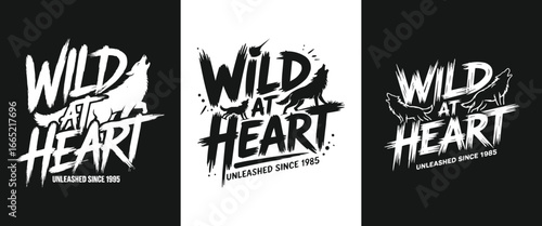 Wild wolf silhouette typography illustration with bold lettering, vintage wilderness slogan graphic for outdoor adventure apparel, t shirt design