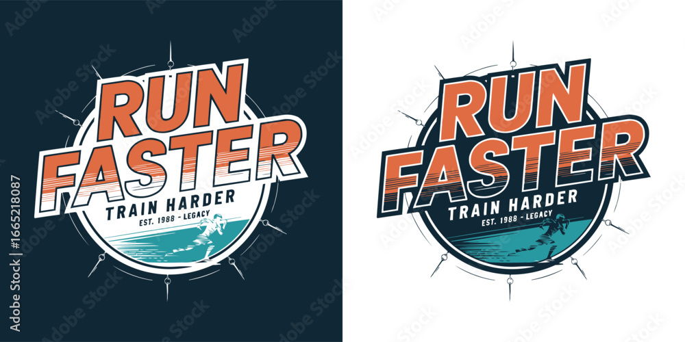 Obraz premium Run Faster Train Harder athletic sports typography emblem with retro runner illustration for apparel print and t shirt design