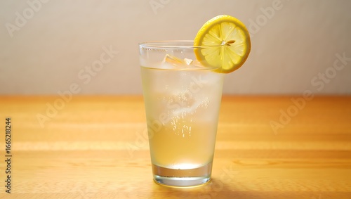 Refreshing tall glass of fizzy drink with ice and a lemon slice garnish