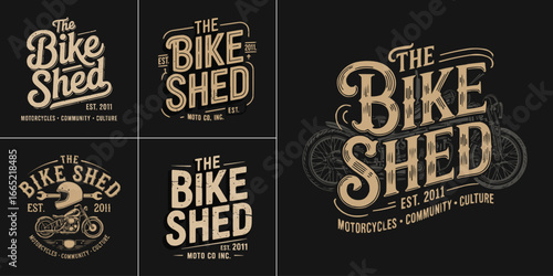 The Bike Shed vintage motorcycle club badge typography with helmet wrench and bike illustration retro emblem for apparel and t shirt design