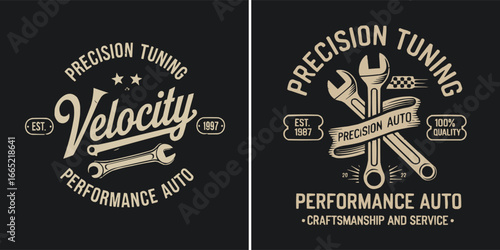 Vintage auto repair badge with wrench and mechanic tools, precision tuning performance auto retro emblem for workshop and t shirt design
