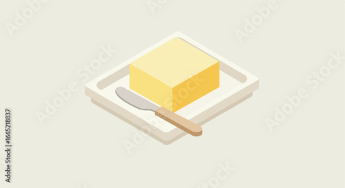 Isometric butter on a plate with knife, neutral background, for food content
