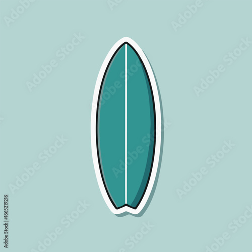 A minimalist teal surfboard sticker with a white outline on a light blue background, perfect for surfing, beach, and summerthemed designs