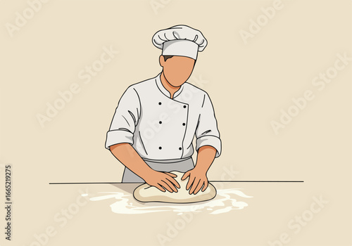 Chef kneading dough on counter for bread, food blog, bakery, pastry, cooking class