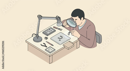 Jeweler Inspecting Ring with Magnifying Glass at Workbench; Tools and Jewelry on Table