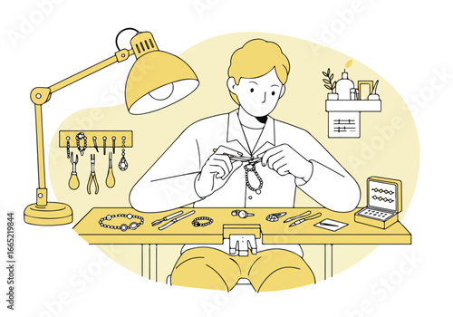Jewelry maker repairs a pearl necklace at their workstation, in a studio setting