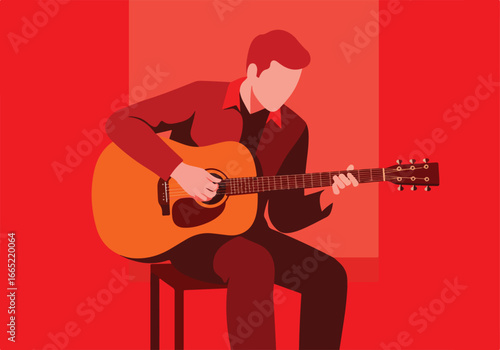 Person playing acoustic guitar on stool, red background, for music promotion