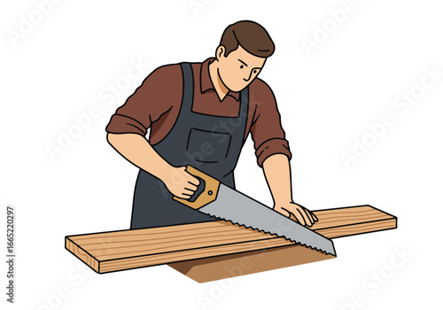 A carpenter sawing wood on a workbench. Background None. Use Illustration