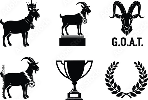 Majestic goat silhouettes representing achievement awards and greatness icons for design