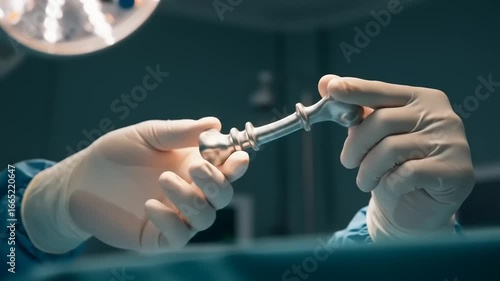Surgeon holding hip replacement implant.
