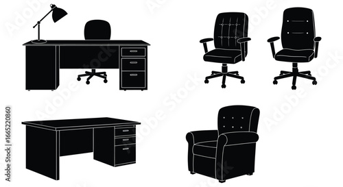 Office furniture set including desks and chairs for workspace organization