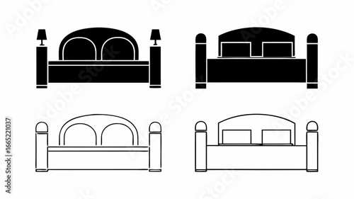 Four beds depicted in black and white showcasing different styles and design variations side by side | editable eps vectors silhouette