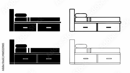 Illustration showing two styles of beds with drawers in black and white outline variations side by side | editable eps vectors silhouette