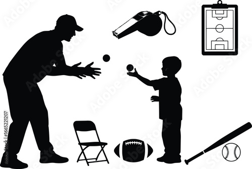 Sports coach and young athlete silhouette set for training and coaching with baseball and football elements