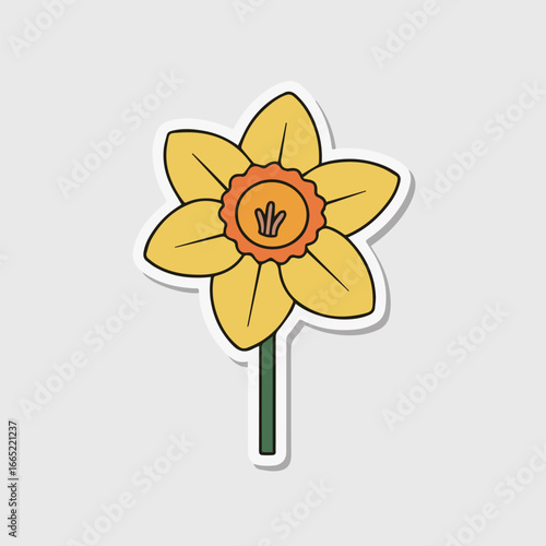 A cheerful yellow daffodil flower sticker with a vibrant orange center, isolated on white background, perfect for spring designs and botanical illustrations