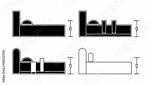 Four bed illustrations showing different headboard and pillow styles with height dimension indicators | editable eps vectors silhouette