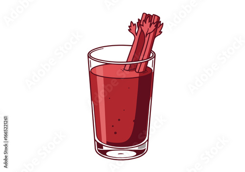 Tomato drink with celery sticks on a white background. Illustration for food blog