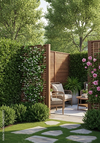 Serene Outdoor Patio with Lush Greenery and Privacy Screen.