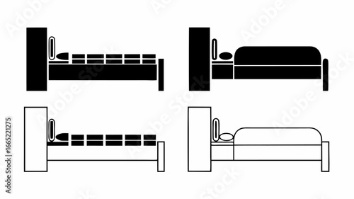 Four beds are shown in black and white with headboards and pillows in a simple graphic style design | editable eps vectors silhouette
