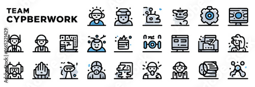 Cyberwork Team Icon Set Representing Modern Workplace and Collaborative Environment with Technology Integration and Innovation