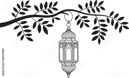 "Hanging Lantern with Branch and Leaves Silhouette" vector bundle