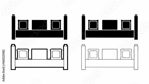 Illustration showing two beds with pillows and headboards in black and white outline drawing style | editable eps vectors silhouette