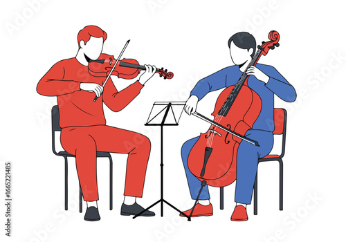 Musicians Playing Cello and Violin at Rehearsal with Sheet Music Stand