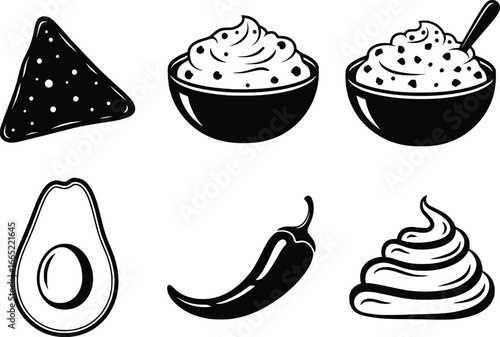 Hand drawn mexican food icons set guacamole nachos jalapeno and creamy dip