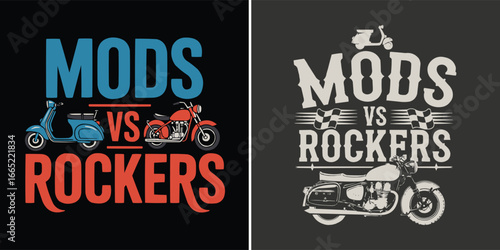 Mods vs Rockers vintage scooter and motorcycle rivalry vector illustration retro artwork for classic t shirt design and print