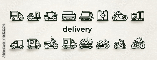 Delivery Vehicles and Transportation Methods Line Art Icons Collection for Logistics and Supply Chain Solutions