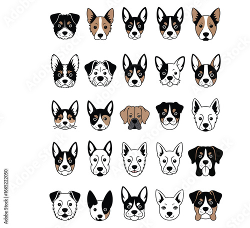 Black and white illustration of 80 dog breeds arranged in grid pattern highlighting distinctive ear shapes with breed labels