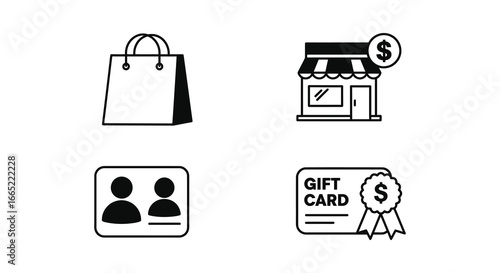 Four icons representing shopping and gift card concepts in a simple style
